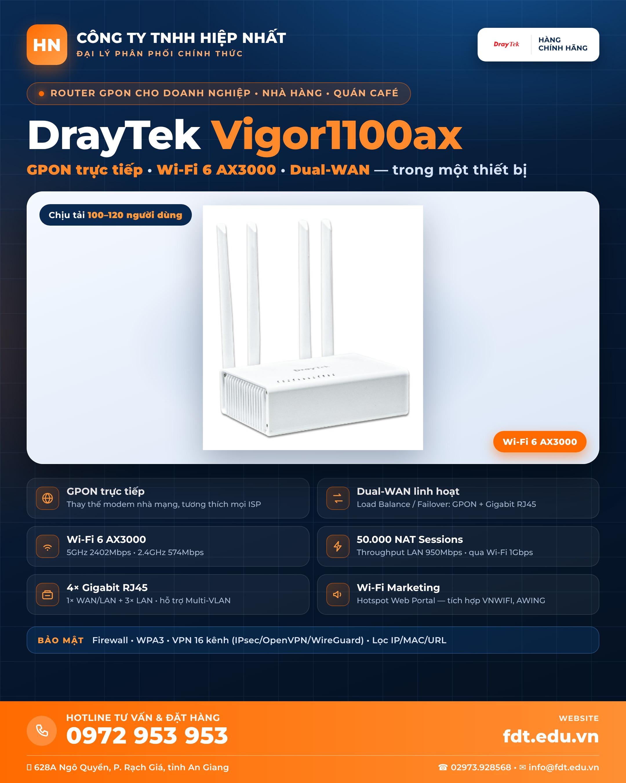 DrayTek Vigor1100ax - Router GPON Wi-Fi 6 AX3000 cho doanh nghiep (Hiep Nhat phan phoi)